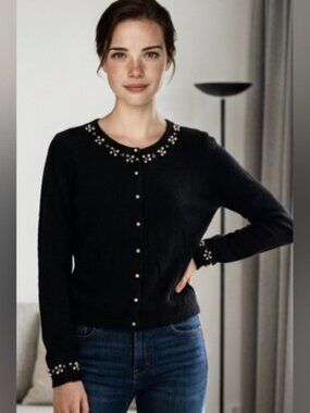 ICE SZ M Black Ramie Angora Blend Long Sleeve Lightweight Pearl Embelish Cardiga